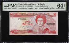 EAST CARIBBEAN STATES. Eastern Caribbean Central Bank. 1 Dollar, ND (1985-88). P-17l. PMG Choice Uncirculated 64 EPQ.
Suffix letter L, St. Lucia.
Fr...