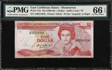 EAST CARIBBEAN STATES. Eastern Caribbean Central Bank. 1 Dollar, ND (1985-88). P-17m. PMG Gem Uncirculated 66 EPQ.
Suffix letter M, Montserrat.
From...