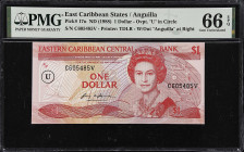 EAST CARIBBEAN STATES. Eastern Caribbean Central Bank. 1 Dollar, ND (1988). P-17u. PMG Gem Uncirculated 66 EPQ.
Overprint U in circle for Anguilla.
...