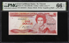 EAST CARIBBEAN STATES. Eastern Caribbean Central Bank. 1 Dollar, ND (1985-88). P-17v. PMG Gem Uncirculated 66 EPQ.
Suffix letter V, St. Vincent.
Fro...
