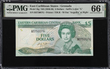 EAST CARIBBEAN STATES. Eastern Caribbean Central Bank. 5 Dollars, ND (1986-88). P-18g. PMG Gem Uncirculated 66 EPQ.
Queen Elizabeth II pictured at ri...