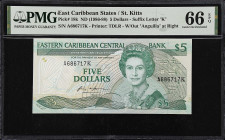 EAST CARIBBEAN STATES. Eastern Caribbean Central Bank. 5 Dollars, ND (1986-88). P-18k. PMG Gem Uncirculated 66 EPQ.
Suffix letter K, St. Kitts.
From...
