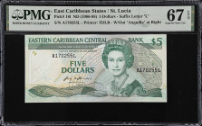 EAST CARIBBEAN STATES. Eastern Caribbean Central Bank. 5 Dollars, ND (1986-88). P-18l. PMG Superb Gem Uncirculated 67 EPQ.
Suffix letter L, St. Lucia...