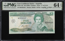 EAST CARIBBEAN STATES. Eastern Caribbean Central Bank. 5 Dollars, ND (1988). P-18u. PMG Choice Uncirculated 64 EPQ.
Overprint U in circle denoting An...