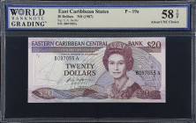 EAST CARIBBEAN STATES. Eastern Caribbean Central Bank. 20 Dollars, ND (1987). P-19a. WBG Choice About Uncirculated 58 TOP.
Purple with multicolor und...