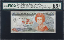 EAST CARIBBEAN STATES. Eastern Caribbean Central Bank. 100 Dollars, ND (1988). P-20u. PMG Gem Uncirculated 65 EPQ.
Black and orange with a multicolor...