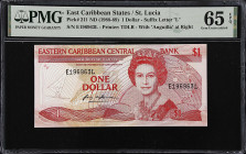 EAST CARIBBEAN STATES. Eastern Caribbean Central Bank. 1 Dollar, ND (1988-89). P-21l. PMG Gem Uncirculated 65 EPQ.
Similar in design to the previous ...