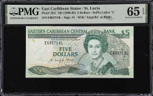 EAST CARIBBEAN STATES. Eastern Caribbean Central Bank. 5 Dollars, ND (1988-93). P-22l1. PMG Gem Uncirculated 65 EPQ.
Signature 1. Suffix letter L, St...