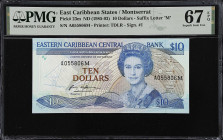 EAST CARIBBEAN STATES. Eastern Caribbean Central Bank. 10 Dollars, ND (1985-93). P-23m. PMG Superb Gem Uncirculated 67 EPQ.
Signature 1. Suffix lette...