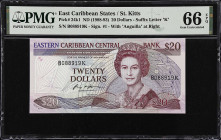 EAST CARIBBEAN STATES. Eastern Caribbean Central Bank. 20 Dollars, ND (1988-93). P-24k1. PMG Gem Uncirculated 66 EPQ.
A pleasing 2nd issue 20 Dollar ...