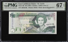EAST CARIBBEAN STATES. Eastern Caribbean Central Bank. 5 Dollars, ND (1993). P-26l. PMG Superb Gem Uncirculated 67 EPQ.
Suffix letter L, St. Lucia. P...