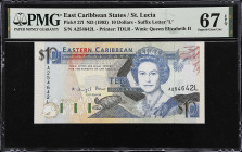 EAST CARIBBEAN STATES. Eastern Caribbean Central Bank. 10 Dollars, ND (1993). P-27l. PMG Superb Gem Uncirculated 67 EPQ.
Upper left numbers underlaye...