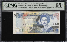 EAST CARIBBEAN STATES. Eastern Caribbean Central Bank. 10 Dollars, ND (1993). P-27u. PMG Gem Uncirculated 65 EPQ.
Suffix letter U, Anguilla.
From th...