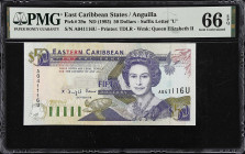 EAST CARIBBEAN STATES. Eastern Caribbean Central Bank. 50 Dollars, ND (1993). P-29u. PMG Gem Uncirculated 66 EPQ.
50 counter at left, underlayed by a...