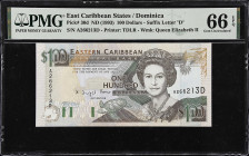 EAST CARIBBEAN STATES. Eastern Caribbean Central Bank. 100 Dollars, ND (1993). P-30d. PMG Gem Uncirculated 66 EPQ.
Queen Elizabeth II at right, with ...