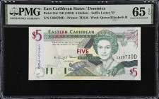 EAST CARIBBEAN STATES. Eastern Caribbean Central Bank. 5 Dollars, ND (1994). P-31d. PMG Gem Uncirculated 65 EPQ.
Suffix letter D, Dominica.
From the...