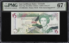 EAST CARIBBEAN STATES. Eastern Caribbean Central Bank. 5 Dollars, ND (1994). P-31g. PMG Superb Gem Uncirculated 67 EPQ.
Suffix letter G, Grenada. Tie...