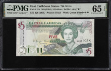 EAST CARIBBEAN STATES. Eastern Caribbean Central Bank. 5 Dollars, ND (1994). P-31k. PMG Gem Uncirculated 65 EPQ.
Suffix letter K, St. Kitts.
From th...