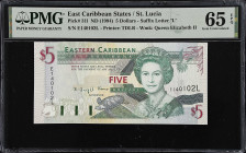 EAST CARIBBEAN STATES. Eastern Caribbean Central Bank. 5 Dollars, ND (1994). P-31l. PMG Gem Uncirculated 65 EPQ.
Suffix letter L, St. Lucia.
From th...