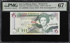 EAST CARIBBEAN STATES. Eastern Caribbean Central Bank. 5 Dollars, ND (1994). P-31m. PMG Superb Gem Uncirculated 67 EPQ.
Suffix letter M, Montserrat. ...