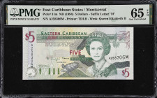 EAST CARIBBEAN STATES. Eastern Caribbean Central Bank. 5 Dollars, ND (1994). P-31m. PMG Gem Uncirculated 65 EPQ.
Suffix letter M, Montserrat.
From t...