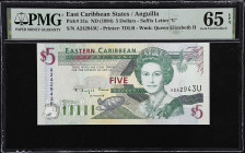 EAST CARIBBEAN STATES. Eastern Caribbean Central Bank. 5 Dollars, ND (1994). P-31u. PMG Gem Uncirculated 65 EPQ.
Suffix letter U, Anguilla.
From the...