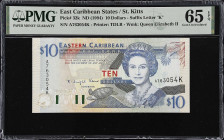 EAST CARIBBEAN STATES. Eastern Caribbean Central Bank. 10 Dollars, ND (1994). P-32k. PMG Gem Uncirculated 65 EPQ.
Suffix letter K, St. Kitts.
From t...