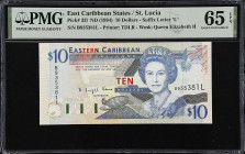 EAST CARIBBEAN STATES. Eastern Caribbean Central Bank. 10 Dollars, ND (1994). P-32l. PMG Gem Uncirculated 65 EPQ.
Suffix letter L, St. Lucia.
From t...