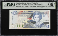 EAST CARIBBEAN STATES. Eastern Caribbean Central Bank. 10 Dollars, ND (1994). P-32u. PMG Gem Uncirculated 66 EPQ.
Suffix letter U, Anguilla.
From th...