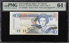 EAST CARIBBEAN STATES. Eastern Caribbean Central Bank. 10 Dollars, ND (1994). P-32v. PMG Choice Uncirculated 64 EPQ.
Suffix letter V, St. Vincent.
F...