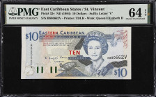 EAST CARIBBEAN STATES. Eastern Caribbean Central Bank. 10 Dollars, ND (1994). P-32v. PMG Choice Uncirculated 64 EPQ.
Suffix letter V, St. Vincent.
F...