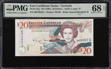 EAST CARIBBEAN STATES. Eastern Caribbean Central Bank. 20 Dollars, ND (1994). P-33g. PMG Superb Gem Uncirculated 68 EPQ.
Suffix letter G, Grenada. Ti...
