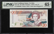 EAST CARIBBEAN STATES. Eastern Caribbean Central Bank. 20 Dollars, ND (1994). P-33k. PMG Gem Uncirculated 65 EPQ.
Suffix letter K, St. Kitts.
From t...