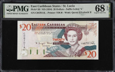 EAST CARIBBEAN STATES. Eastern Caribbean Central Bank. 20 Dollars, ND (1994). P-33l. PMG Superb Gem Uncirculated 68 EPQ.
Suffix letter L, St. Lucia. ...