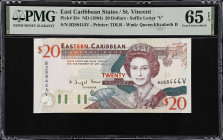 EAST CARIBBEAN STATES. Eastern Caribbean Central Bank. 20 Dollars, ND (1994). P-33v. PMG Gem Uncirculated 65 EPQ.
Suffix letter V, St. Vincent.
From...
