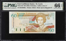 EAST CARIBBEAN STATES. Eastern Caribbean Central Bank. 50 Dollars, ND (1994). P-34l. PMG Gem Uncirculated 66 EPQ.
A beautiful 50 Dollar QEII design t...