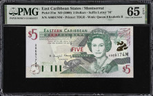 EAST CARIBBEAN STATES. Eastern Caribbean Central Bank. 5 Dollars, ND (2000). P-37m. PMG Gem Uncirculated 65 EPQ.
Suffix letter M, Montserrat.
From t...