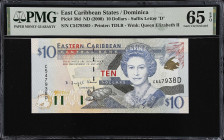 EAST CARIBBEAN STATES. Eastern Caribbean Central Bank. 10 Dollars, ND (2000). P-38d. PMG Gem Uncirculated 65 EPQ.
Suffix letter D, Dominica.
From th...