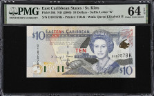 EAST CARIBBEAN STATES. Eastern Caribbean Central Bank. 10 Dollars, ND (2000). P-38k. PMG Choice Uncirculated 64 EPQ.
Suffix letter K, St. Kitts.
Fro...