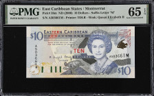 EAST CARIBBEAN STATES. Eastern Caribbean Central Bank. 10 Dollars, ND (2000). P-38m. PMG Gem Uncirculated 65 EPQ.
Suffix letter M, Montserrat.
From ...