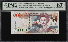 EAST CARIBBEAN STATES. Eastern Caribbean Central Bank. 20 Dollars, ND (2000). P-39a. PMG Superb Gem Uncirculated 67 EPQ.
A beautiful design with Quee...