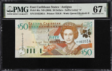 EAST CARIBBEAN STATES. Eastern Caribbean Central Bank. 50 Dollars, ND (2000). P-40a. PMG Superb Gem Uncirculated 67 EPQ.
Gold foil flower, and Queen ...