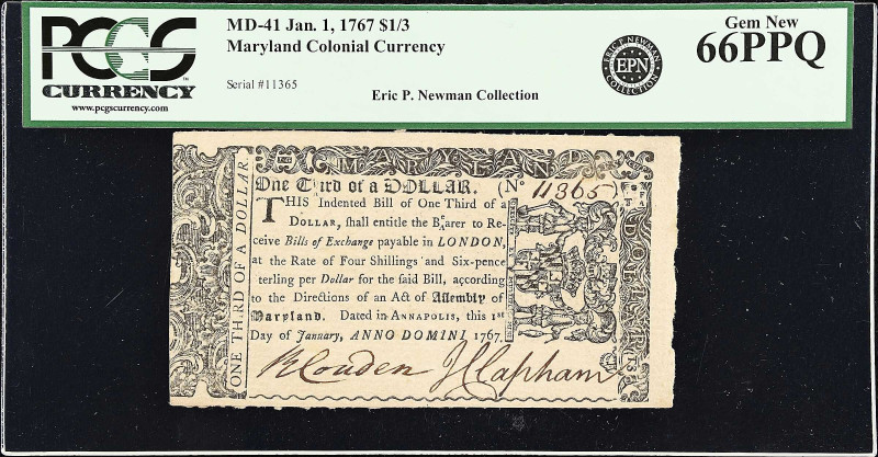 MD-41. Maryland. January 1, 1767. $1/3. PCGS Currency Gem New 66 PPQ.
No. 11365...