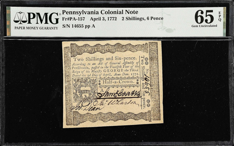 PA-157. Pennsylvania. April 3, 1772. 2 Shillings, 6 Pence. PMG Gem Uncirculated ...