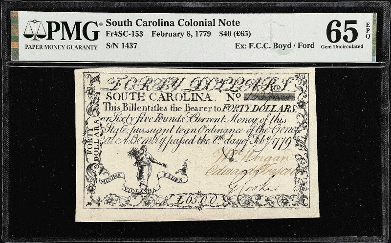 SC-153. South Carolina. February 8, 1779. $40. PMG Gem Uncirculated 65 EPQ.
No....