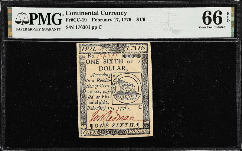 CC-19. Continental Currency. February 17, 1776. $1/6. PMG Gem Uncirculated 66 EP...