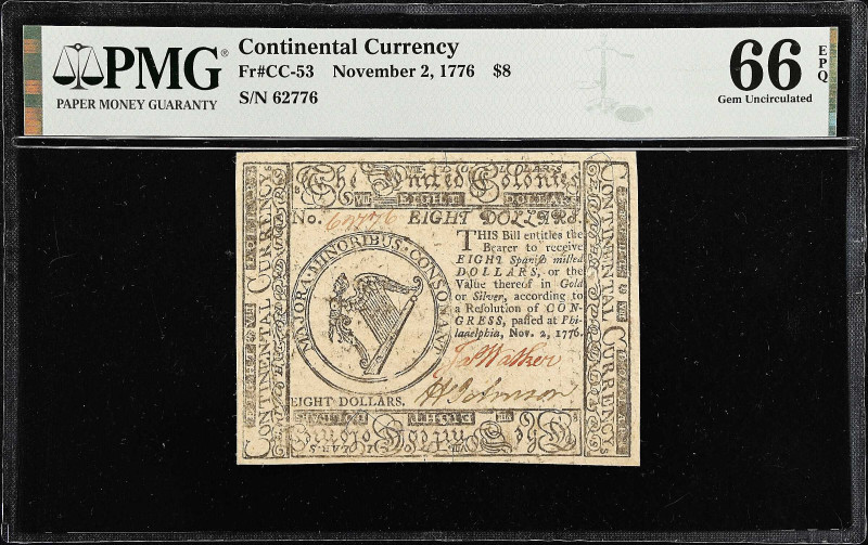 CC-53. Continental Currency. November 2, 1776. $8. PMG Gem Uncirculated 66 EPQ....