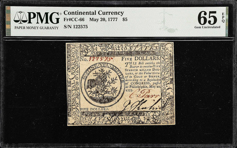 CC-66. Continental Currency. May 20, 1777. $5. PMG Gem Uncirculated 65 EPQ.
No....