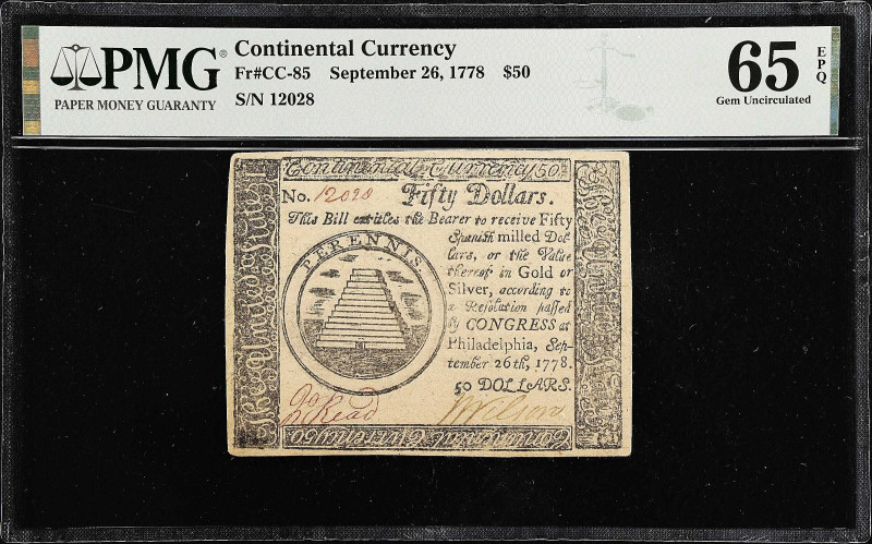 CC-85. Continental Currency. September 26, 1778. $50. PMG Gem Uncirculated 65 EP...