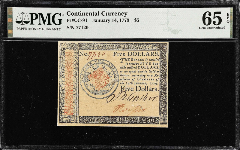 CC-91. Continental Currency. January 14, 1779. $5. PMG Gem Uncirculated 65 EPQ....